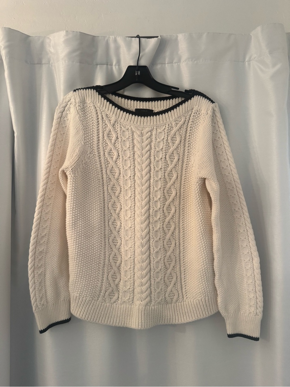 J. Crew Cream Cable-Knit Crewneck Sweater with Contrast Trim